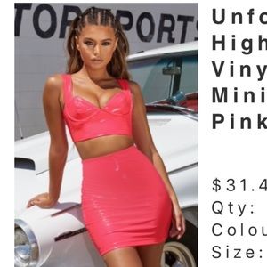 High waisted vinyl bodycon set in neon pink